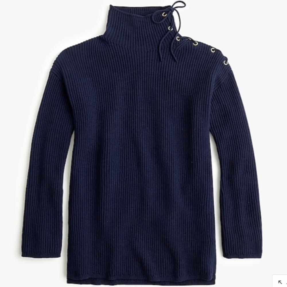 J. CREW Ribbed Lace Up Navy Cotton Knit Sweater Tunic Turtleneck Small NWT
